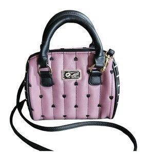 Betsey Johnson LUV Betsey Crossbody Purse Lavender w/ Black Hearts and Stripes